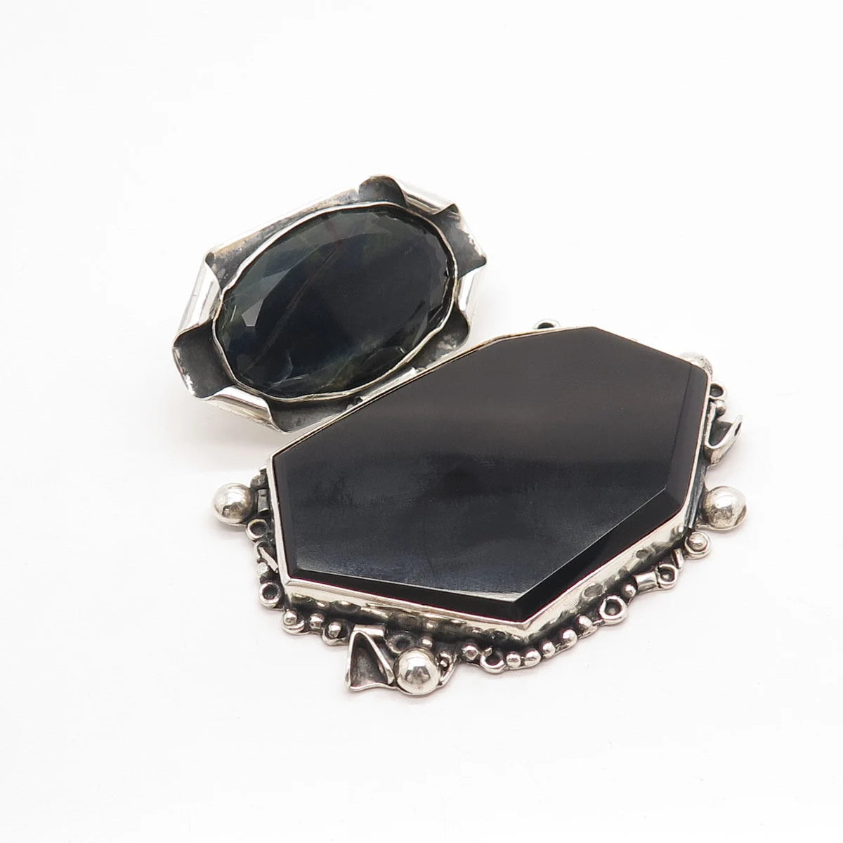 925 Sterling Silver Vintage Real Black Agate Gemstone Modernist Pendant