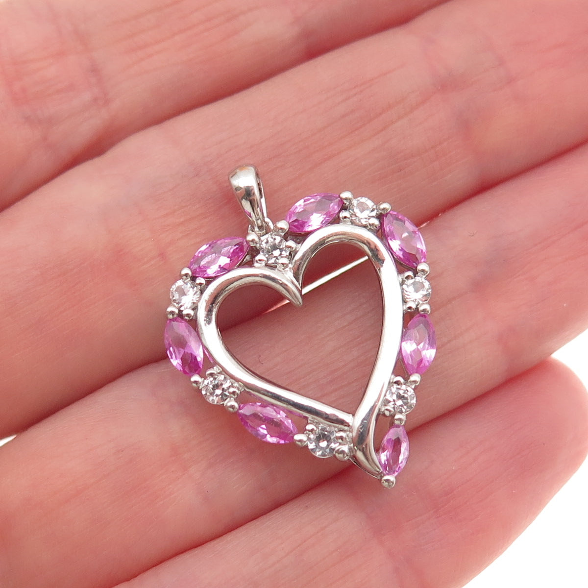 Sai 925 Sterling Silver Real Pink & White Topaz Heart Charm Pendant