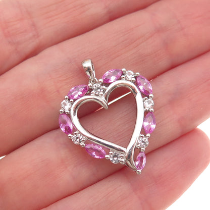 Sai 925 Sterling Silver Real Pink & White Topaz Heart Charm Pendant