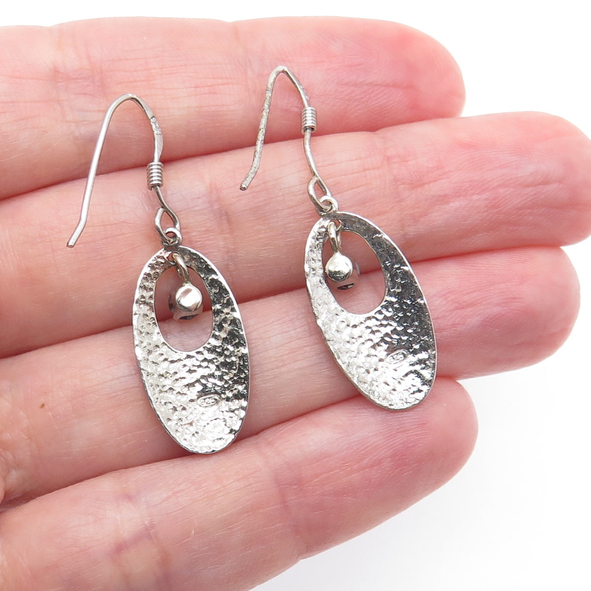 925 Sterling Silver Real Round-Cut Black Diamond Hammered Dangle Earrings