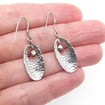 925 Sterling Silver Real Round-Cut Black Diamond Hammered Dangle Earrings