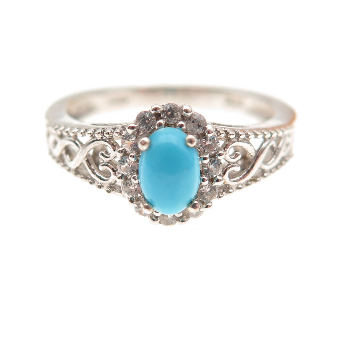 Chuck Clemency 925 Sterling Silver Real Turquoise & White Topaz Ring Size 7.25