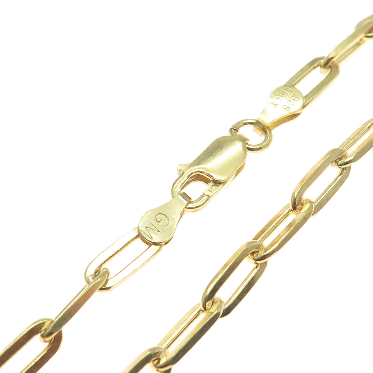 925 Sterling Silver Gold Plated Italy Paperclip Link Bracelet 7.75"