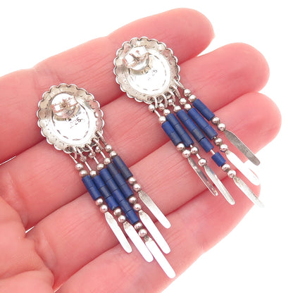 Quoc Turquoise Old Pawn 925 Sterling Silver Vintage Lapis Concho Dangle Earrings