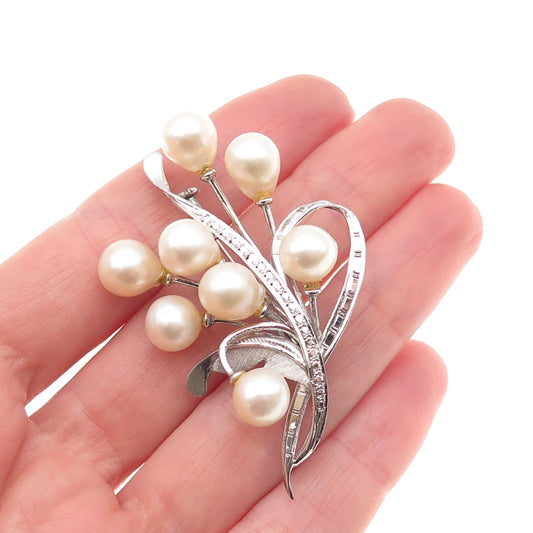 925 Sterling Silver Antique Japan Real Akoya Pearl Floral Pin Brooch