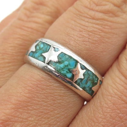 925 Sterling Silver Vintage Southwestern Navajo Turquoise Gem Band Ring Size 7.5