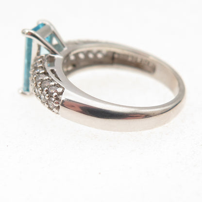 925 Sterling Silver Emerald-Cut Blue & Round-Cut White C Z Ring Size 5.25