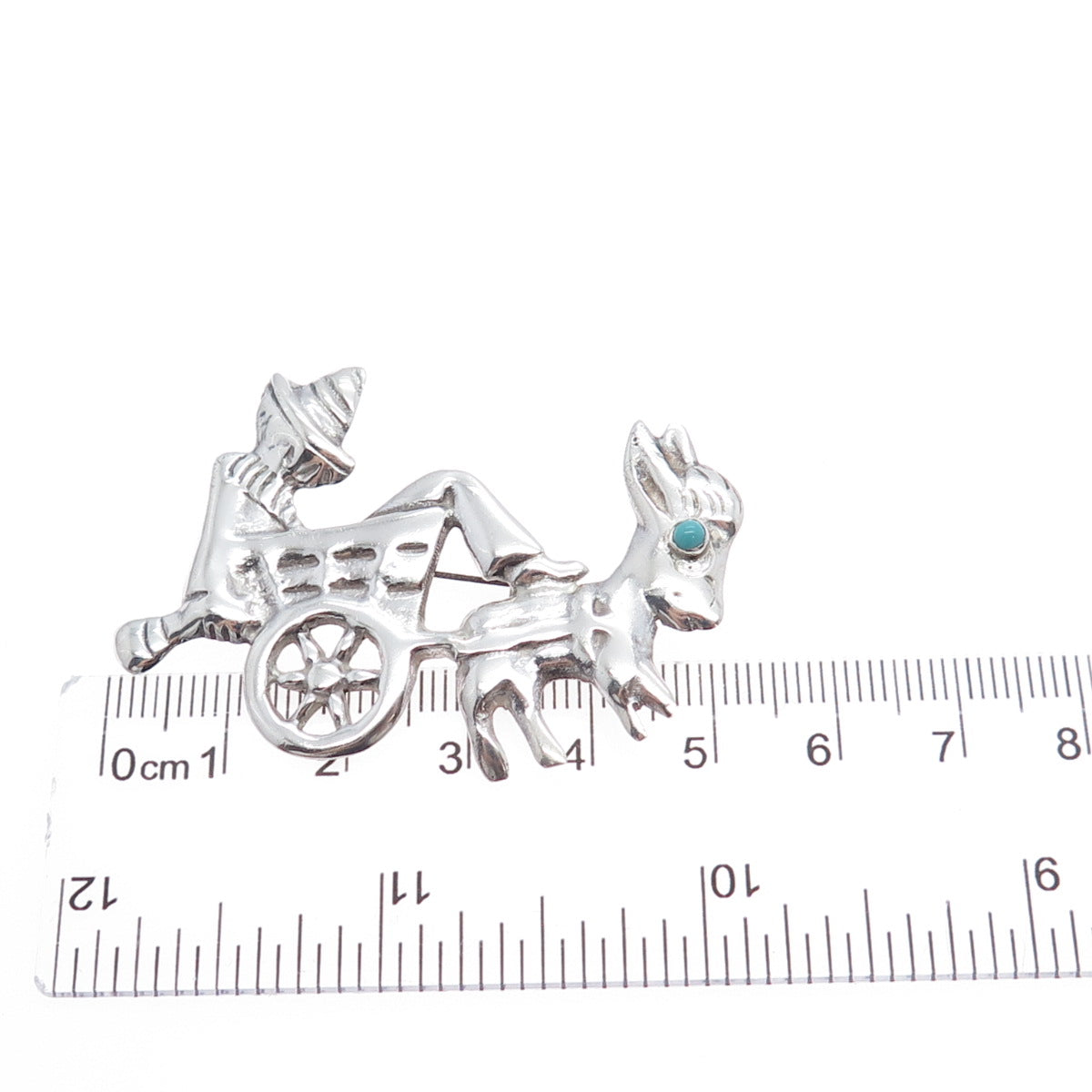 925 Sterling Silver Vintage Mexico Turquoise Sombrero Donkey Cart Pin Brooch