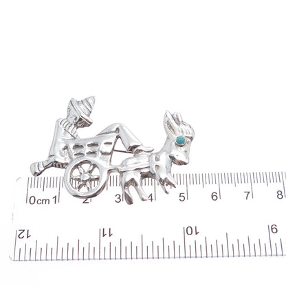 925 Sterling Silver Vintage Mexico Turquoise Sombrero Donkey Cart Pin Brooch