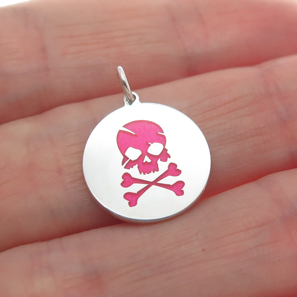 925 Sterling Silver Pink Enamel Skull & Crossed Bones Minimalist Charm Pendant