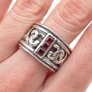 925 Sterling Silver Vintage Italy Real Red Garnet Modernist Oxidized Ring Size 8