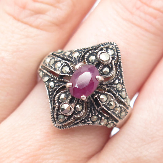 MONICA JAIN Sterling Silver Vintage Real Ruby & Marcasite Oxidized Ring Size 8.5