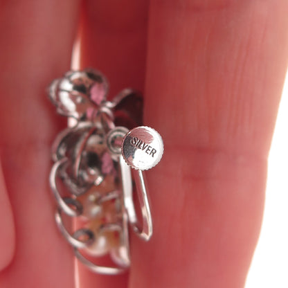925 Sterling Antique Art Deco Real Akoya Pearl Floral Screw Back Earrings