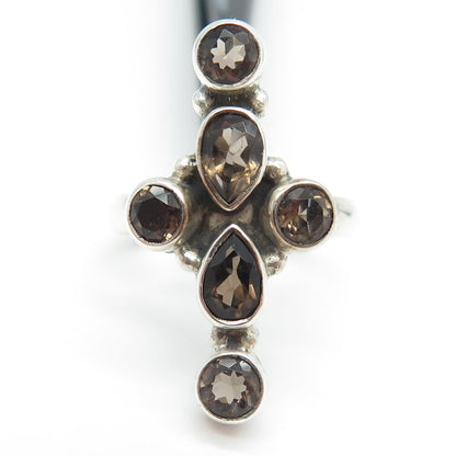 925 Sterling Silver Vintage Real Smoky Quartz Cross Ring Size 7