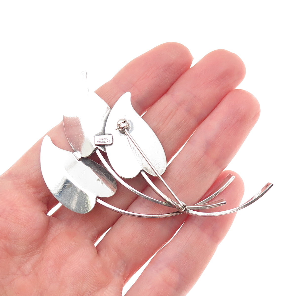 Beau 925 Sterling Silver Vintage Modernist Floral Leaf Oxidized Pin Brooch