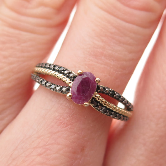 925 Sterling Silver Gold Plated Vintage Real Diamond Accent & Ruby Ring Size 7