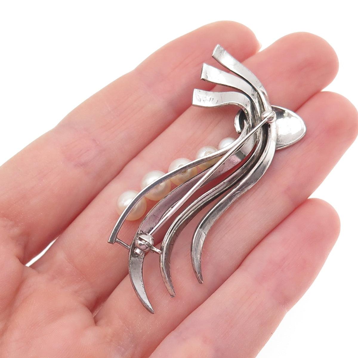 925 Sterling Silver Antique Art Deco Real Pearl Floral Pin Brooch