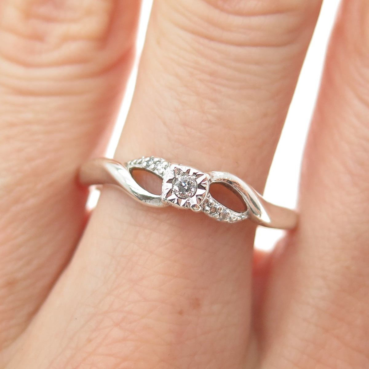 SUN 925 Sterling Silver Real Round-Cut Diamond Promise Ring Size 9.5