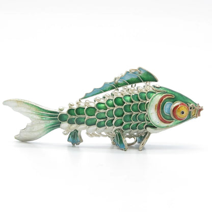 925 Sterling Silver Enamel Antique Chinese Koi Fish Chatelaine Pendant / Fob