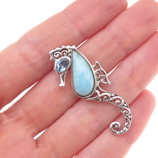 Collins Sterling Silver Vintage Real Blue Topaz & Larimar Seahorse Slide Pendant