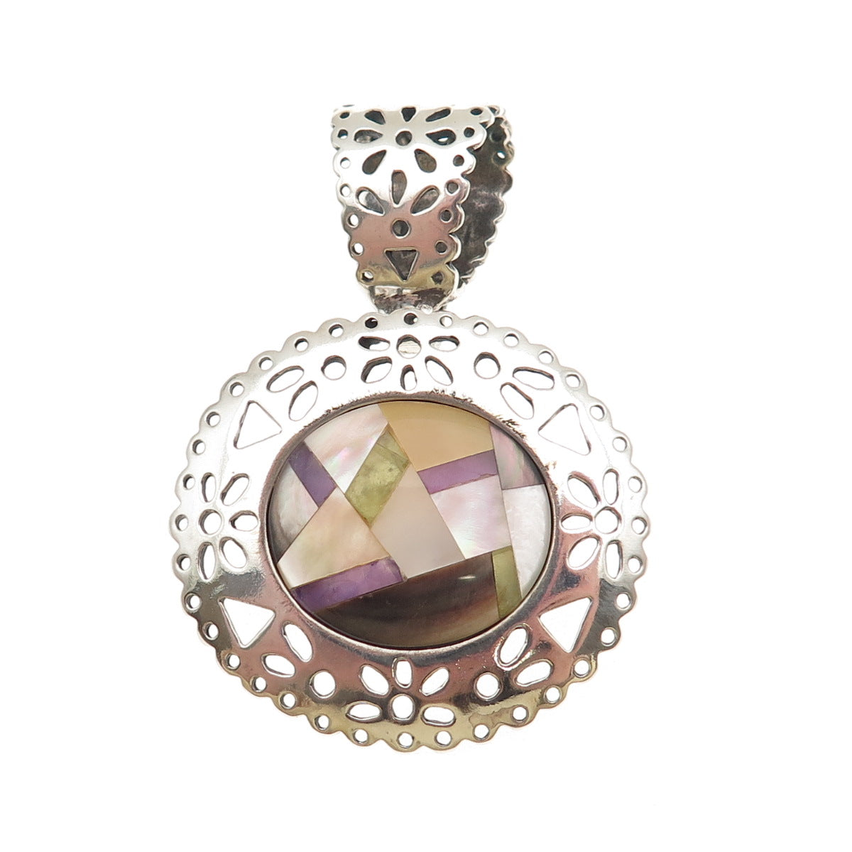Carolyn Pollack 925 Sterling Vintage Real Turquoise Sugilite MOP Mosaic Pendant