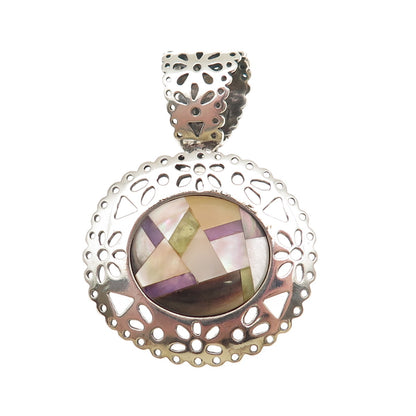 Carolyn Pollack 925 Sterling Vintage Real Turquoise Sugilite MOP Mosaic Pendant