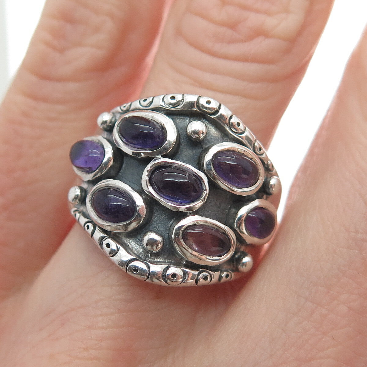 925 Sterling Silver Vintage Real Amethyst Modernist Oxidized Ring Size 9