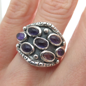 925 Sterling Silver Vintage Real Amethyst Modernist Oxidized Ring Size 9