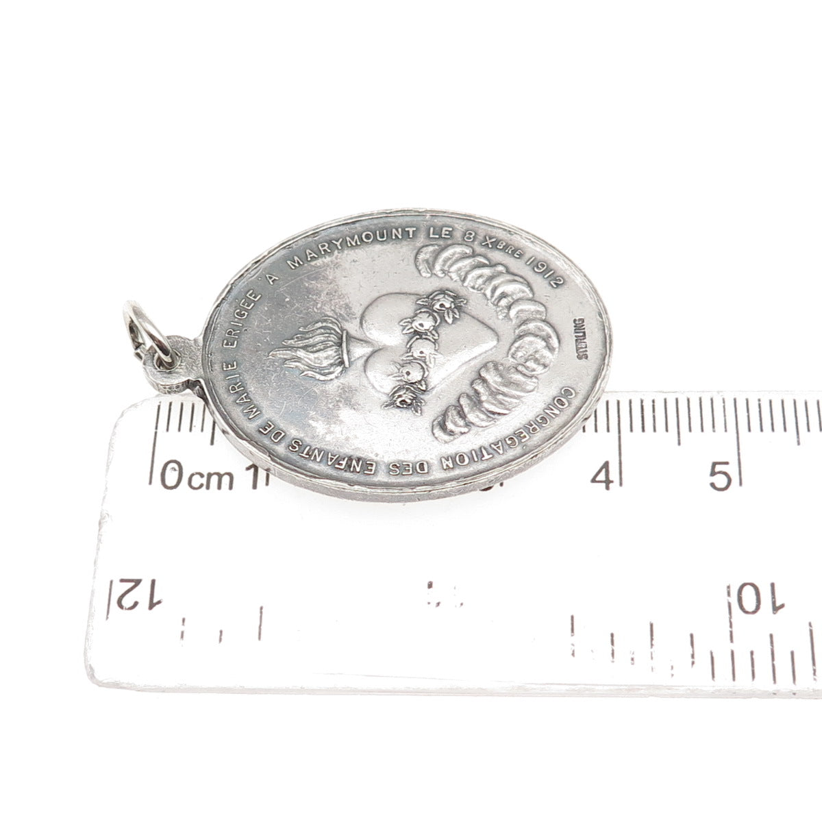925 Sterling Silver Antique Art Deco St. Mary Religious Medal Oxidized Pendant