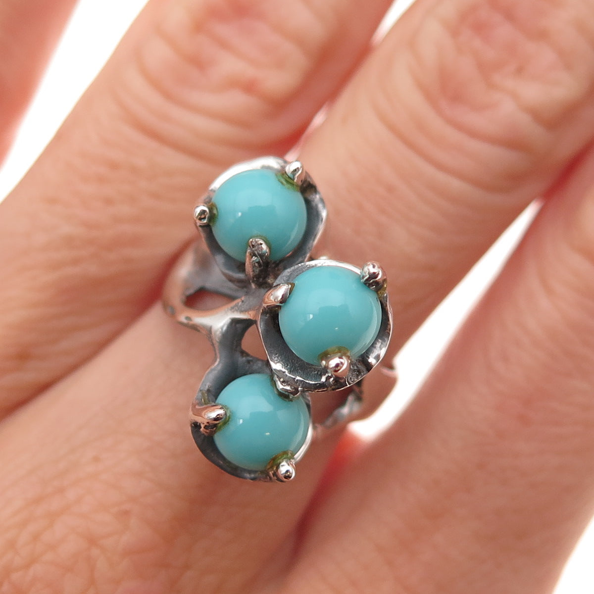 925 Sterling Silver Vintage Mexico Real Turquoise Oxidized Ring Size 6.25