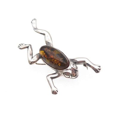 925 Sterling Silver Vintage Real Amber Good Luck Oxidized Pin Brooch