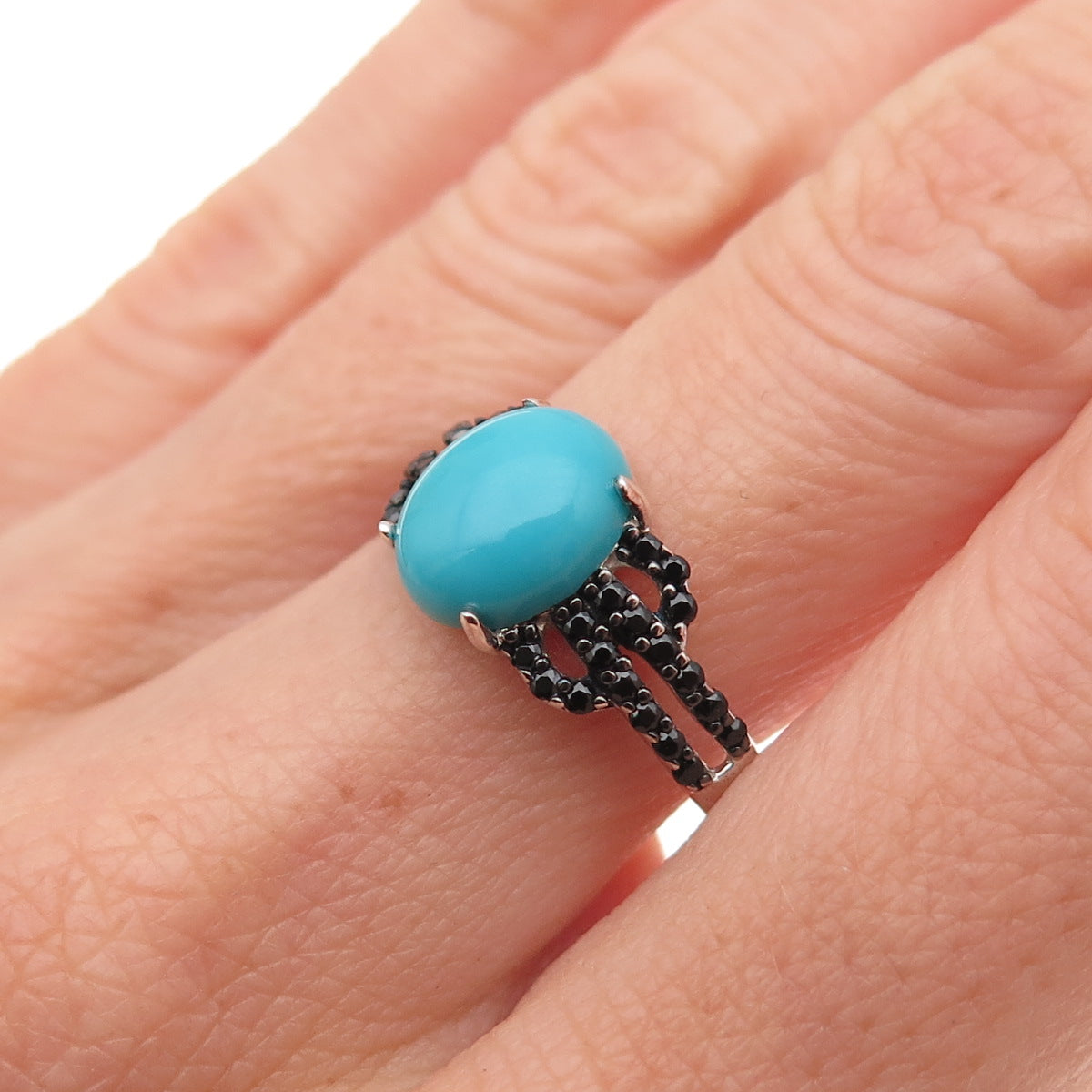 925 Sterling Silver Real Kingman Turquoise & Black Spinel Ring Size 8