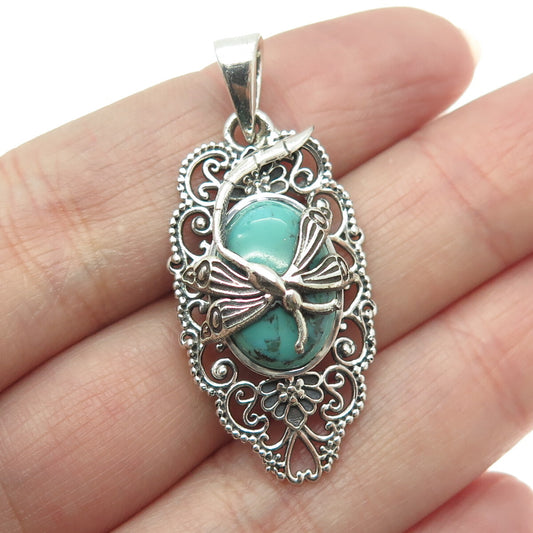 925 Sterling Silver Vintage Carico Lake Turquoise Dragonfly Oxidized Pendant
