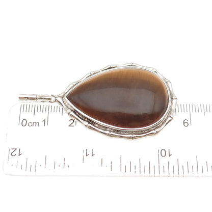 925 Sterling Silver Vintage Real Tiger Eye Bamboo Teardrop Pendant