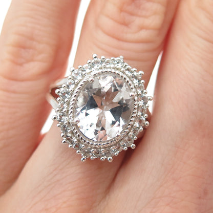 925 Sterling Silver Real Oval & Round-Cut White Topaz Ring Size 5.25