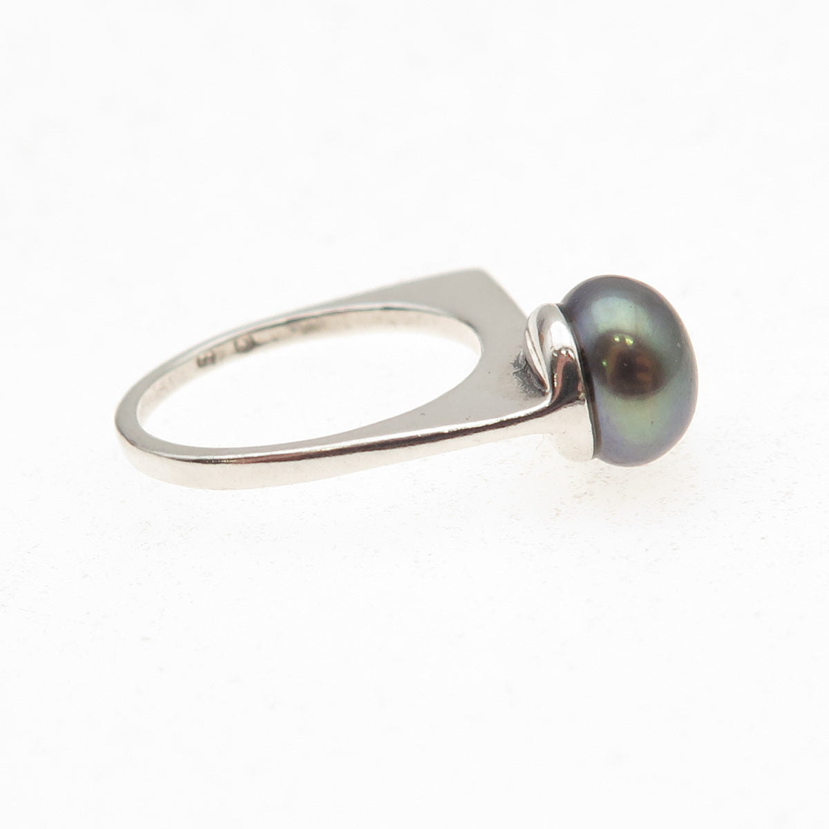 Shube 925 Sterling Silver Vintage Real Tahitian Pearl Modernist Ring Size 4.75