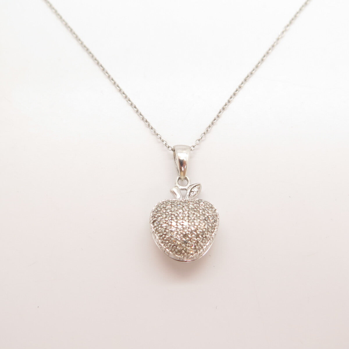 925 Sterling Silver Real Diamond Apple Pendant Rolo Chain Necklace 16"