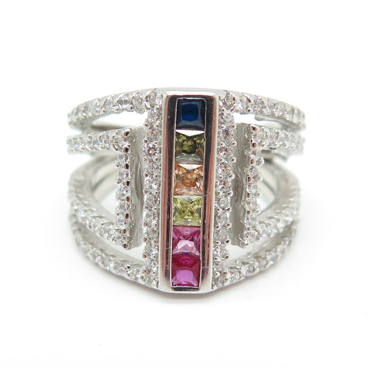 925 Sterling Silver Round & Princess-Cut Multi-Color C Z Ring Size 5