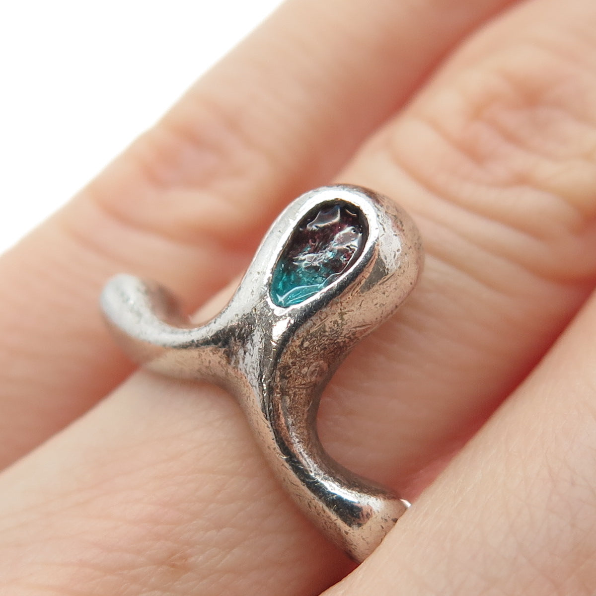 925 Sterling Silver Vintage Enamel Modernist Oxidized Ring Size 6