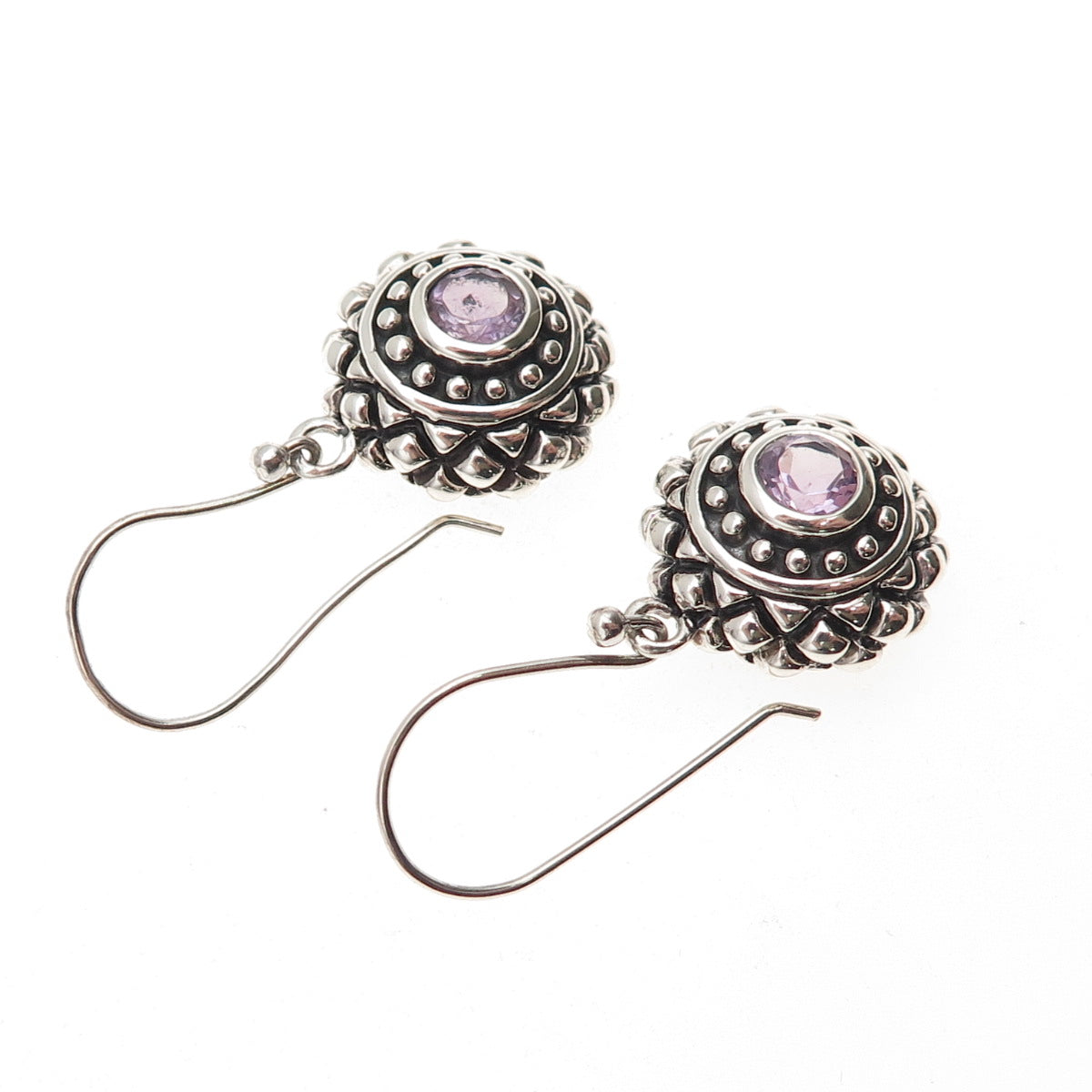 925 Sterling Silver Vintage Real Amethyst Oxidized Dangle Earrings