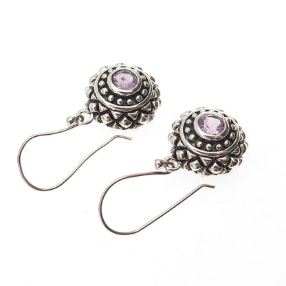 925 Sterling Silver Vintage Real Amethyst Oxidized Dangle Earrings