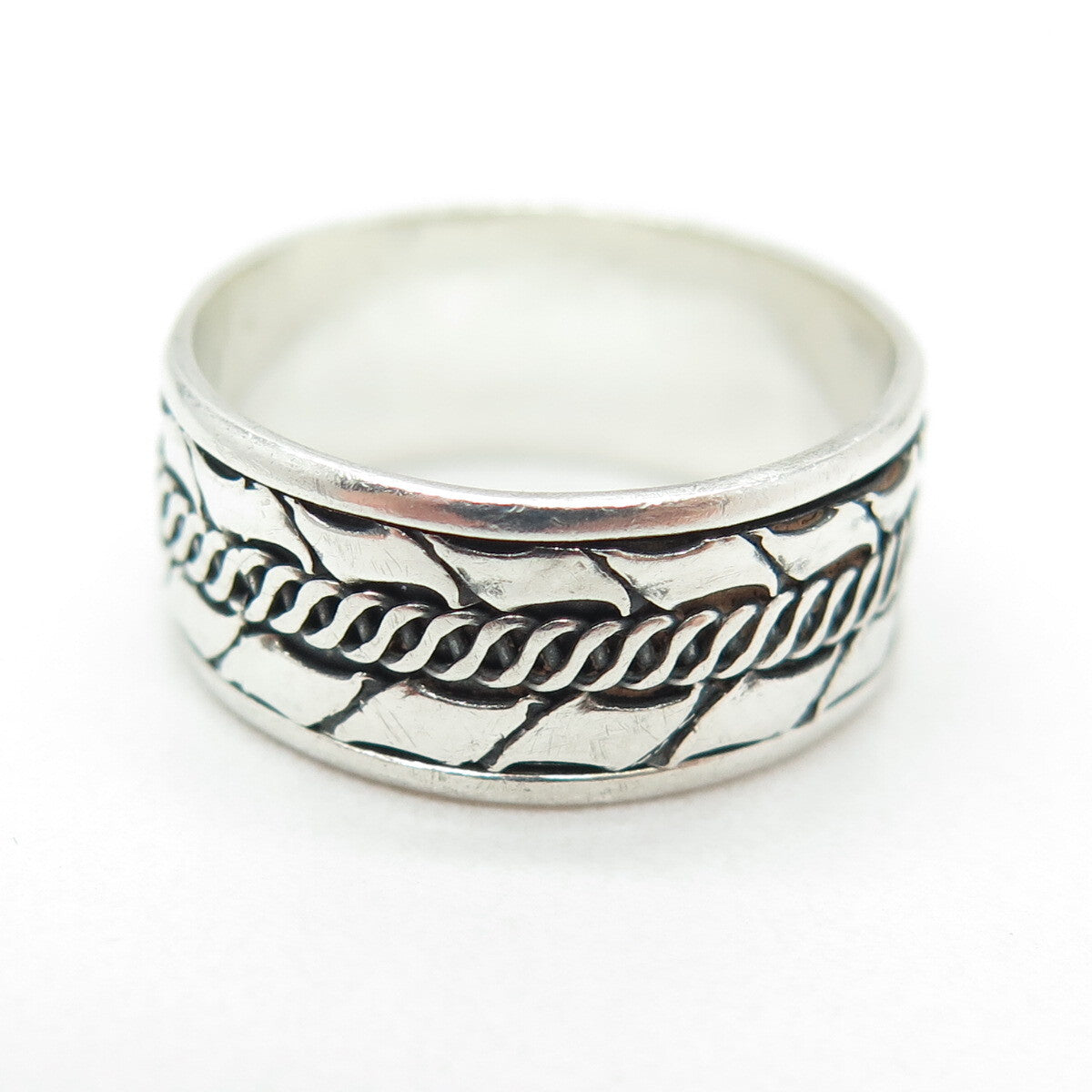 925 Sterling Silver Vintage Modernist Link Band Oxidized Ring Size 7.5