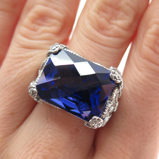 925 Sterling Silver Vintage Blue C Z Rose Flower Ring Size 7.25