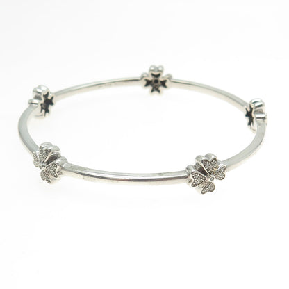 925 Sterling Silver Real Round-Cut Diamond Floral Bangle Bracelet 7.25"