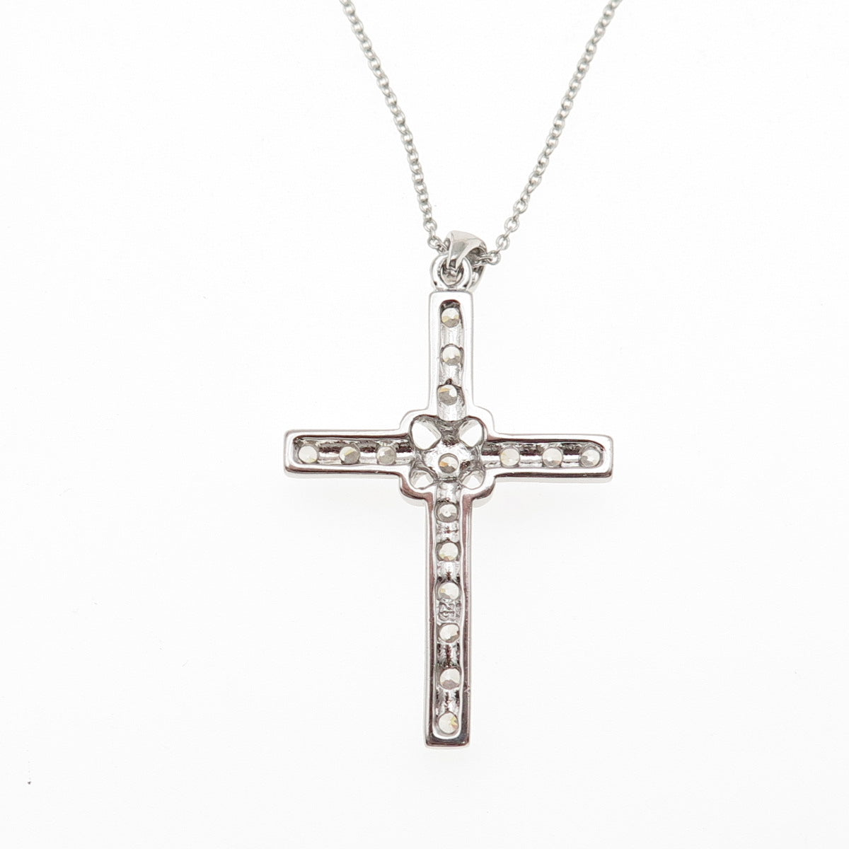 925 Sterling Silver Round-Cut C Z Floral Cross Cable Chain Necklace 18"