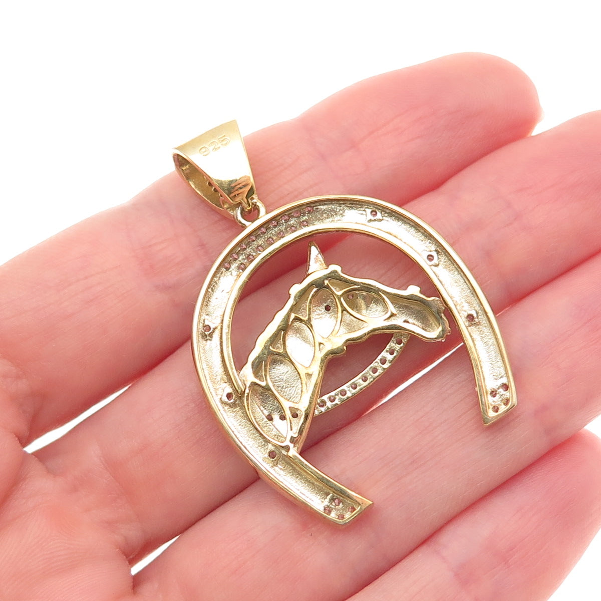 925 Sterling Silver Gold Plated Round-Cut C Z Horse & Horseshoe Pendant