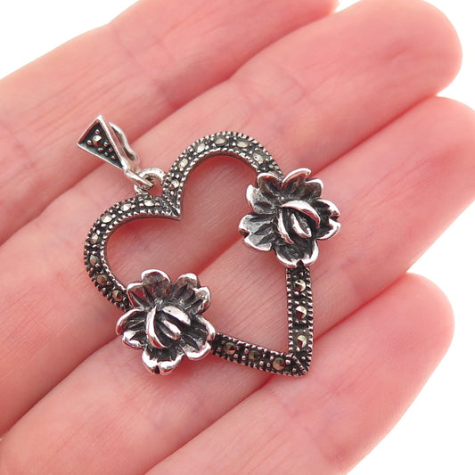 925 Sterling Silver Vintage Real Marcasite Floral Heart Oxidized Charm Pendant