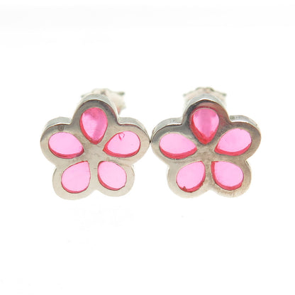 925 Sterling Silver Pink Glass Floral Stud Earrings