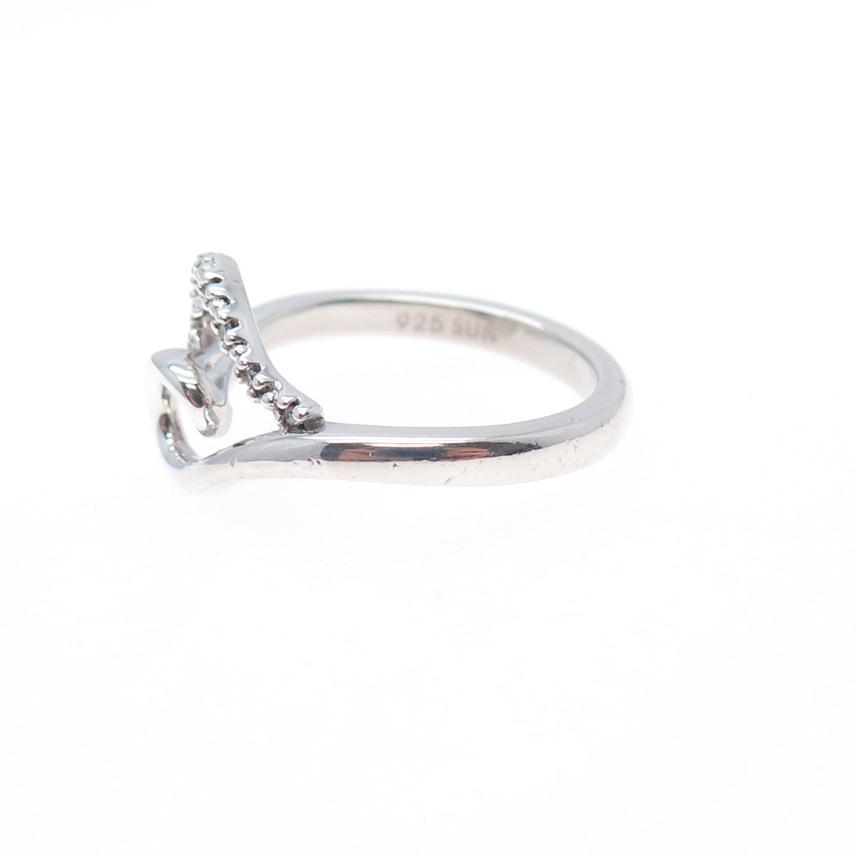 SUN 925 Sterling Silver Real Round-Cut Diamond Heart Ring Size 6.75