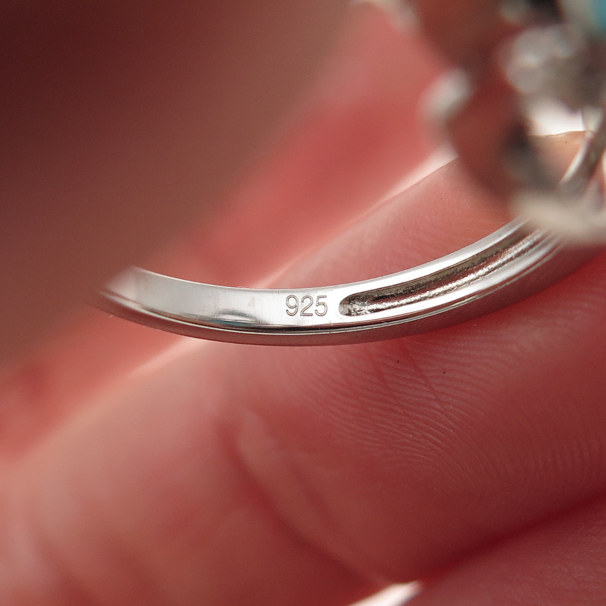 925 Sterling Silver Real Turquoise & White Topaz Floral Ring Size 8
